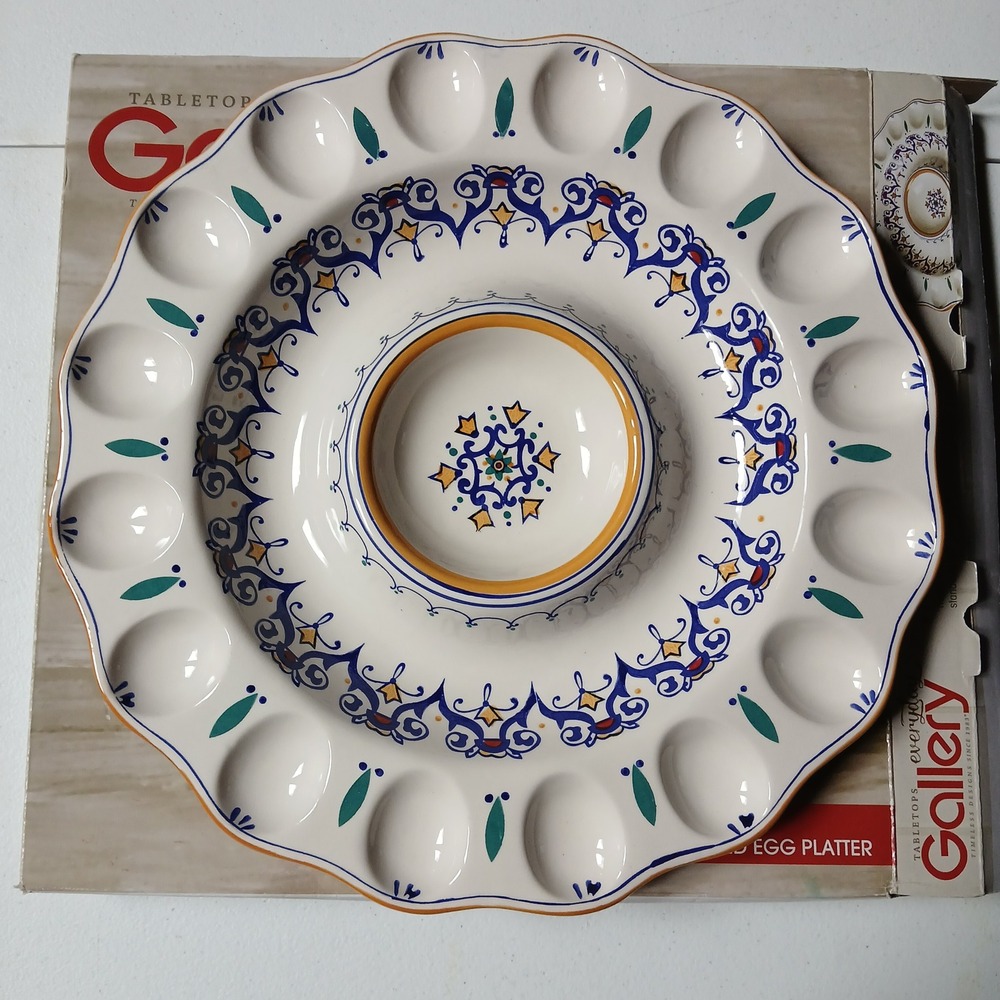 Tabletops Gallery Bianco Deviled Egg Platter 16.5in Ceramic Server Hand Painted